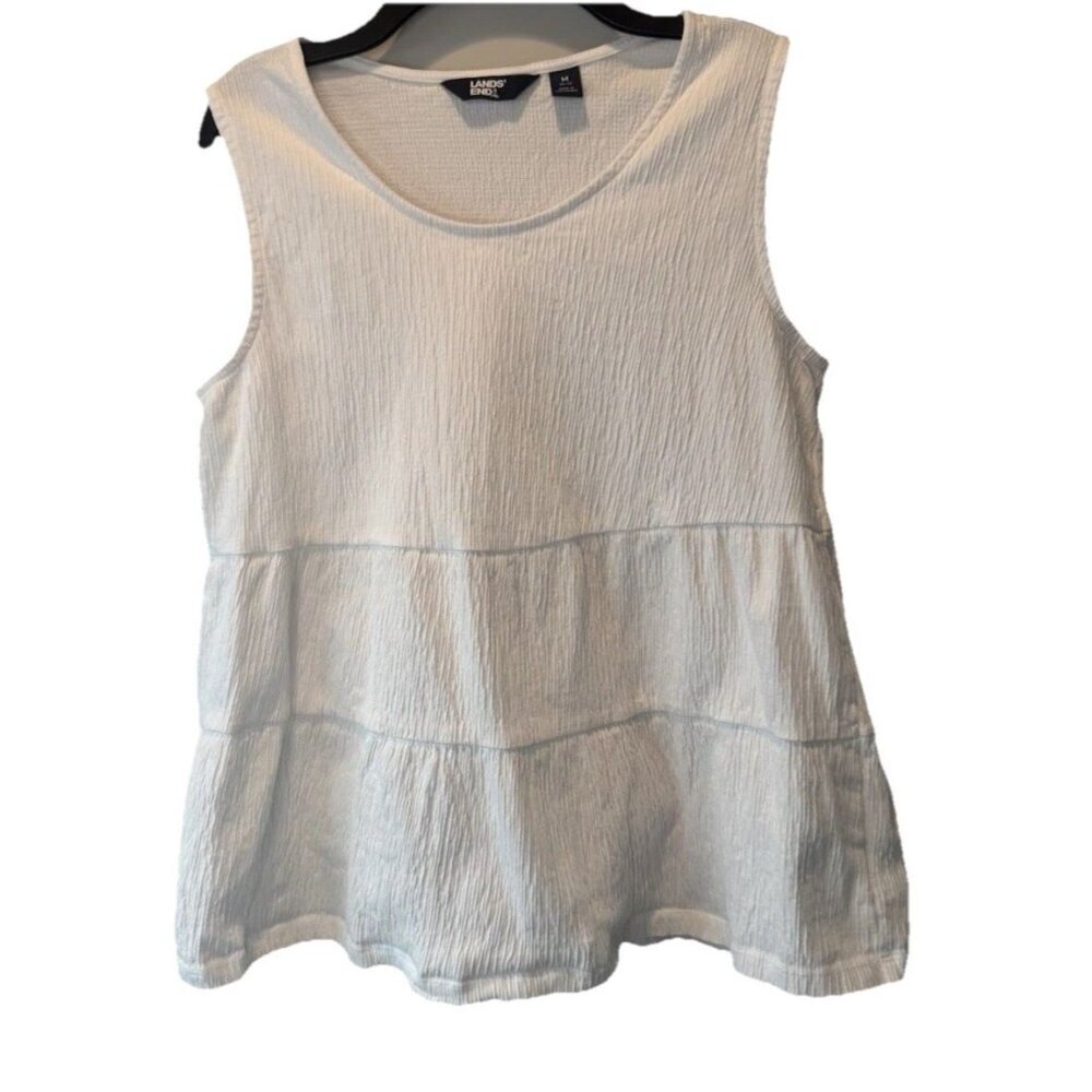 Lands End Womens White Tiered Sleeveless Pullover Top M Coastal Beach Resortwear